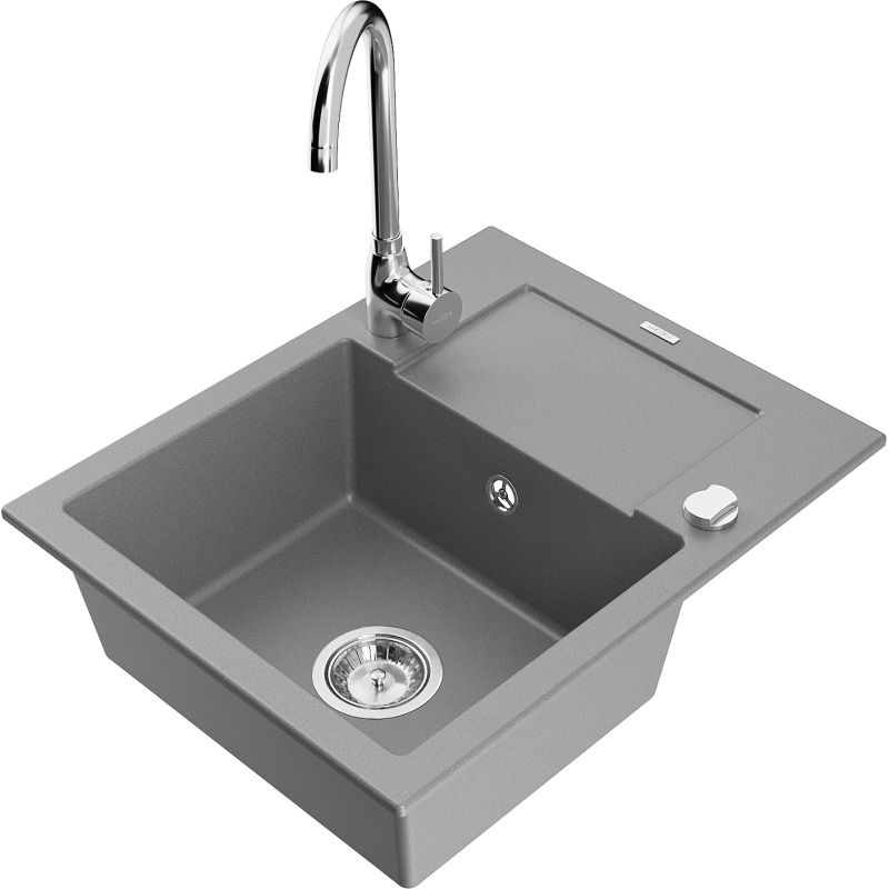 Mexen Enzo granite sink 1-bowl with drainer and Telma kitchen tap, grey - 6506-71-670200-00