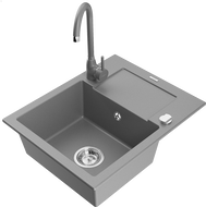 Mexen Enzo 1-bowl granite sink with drainer and Telma kitchen faucet, gray - 6506-71-670200-71