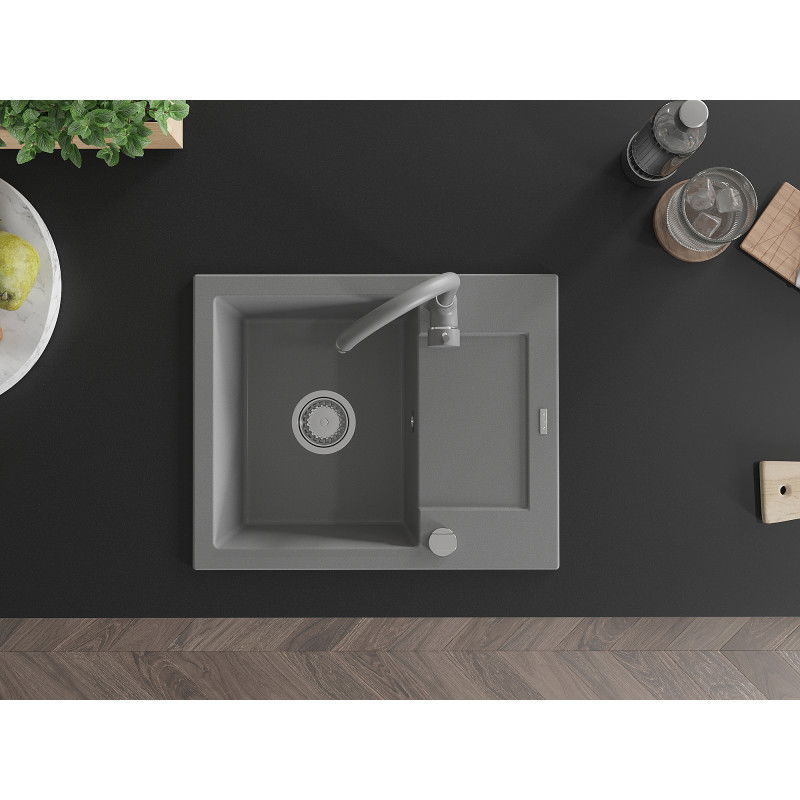 Mexen Enzo granite kitchen sink single bowl with drainer and Telma kitchen tap, grey - 6506-71-670200-71