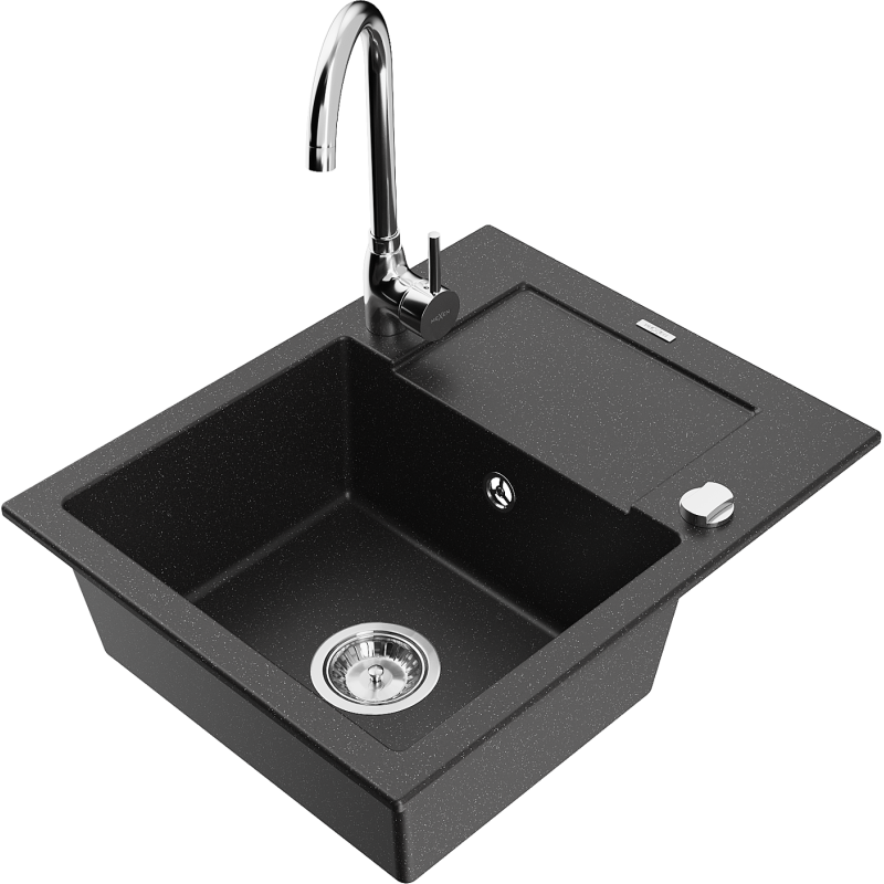 Mexen Enzo granite sink 1-bowl with drainer and Telma kitchen tap, black/silver - 6506-73-670200-00