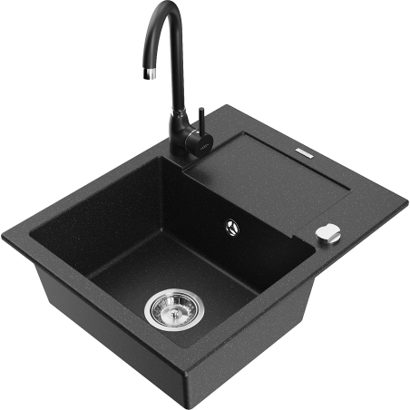 Mexen Enzo granite sink 1-bowl with drainer and Telma kitchen tap, black/silver - 6506-73-670200-70