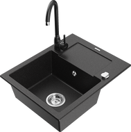 Mexen Enzo granite kitchen sink 1-bowl with drainer and Telma kitchen faucet, black/silver - 6506-73-670200-70