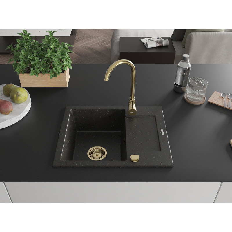 Mexen Enzo granite kitchen sink 1-bowl with drainer and kitchen faucet Telma, black/gold - 6506-75-670200-50