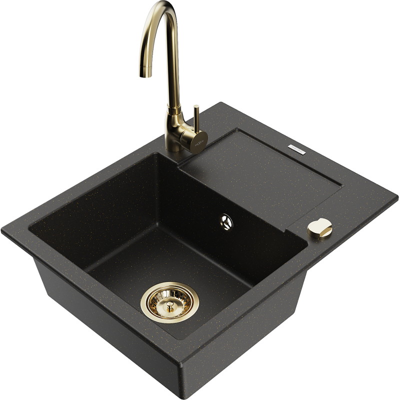 Mexen Enzo granite kitchen sink 1-bowl with drainer and kitchen faucet Telma, black/gold - 6506-75-670200-50