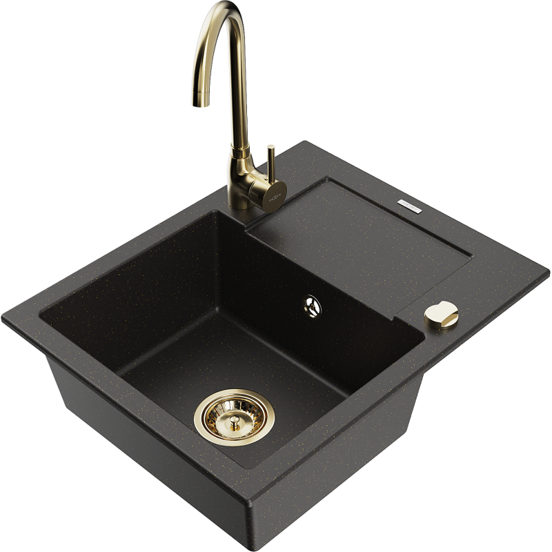 Mexen Enzo lavello in granito a 1 vasca con scolapiatti e rubinetto da cucina Telma, nero/oro - 6506-75-670200-50