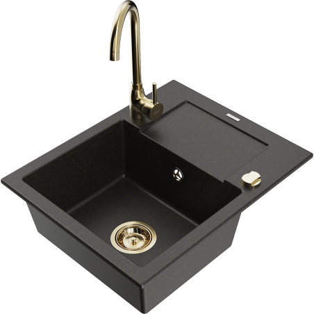 Mexen Enzo granitdiskho med 1 kammare med avrinningsyta och köksblandare Telma, svart/guld - 6506-75-670200-50