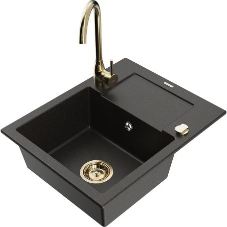 Mexen Enzo granite kitchen sink 1-bowl with drainer and kitchen faucet Telma, black/gold - 6506-75-670200-50