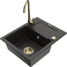 Mexen Enzo granite kitchen sink 1-bowl with drainer and kitchen faucet Telma, black/gold - 6506-75-670200-50