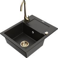 Mexen Enzo fregadero de granito de 1 compartimento con escurridor y grifo de cocina Telma, negro/dorado - 6506-75-670200-50