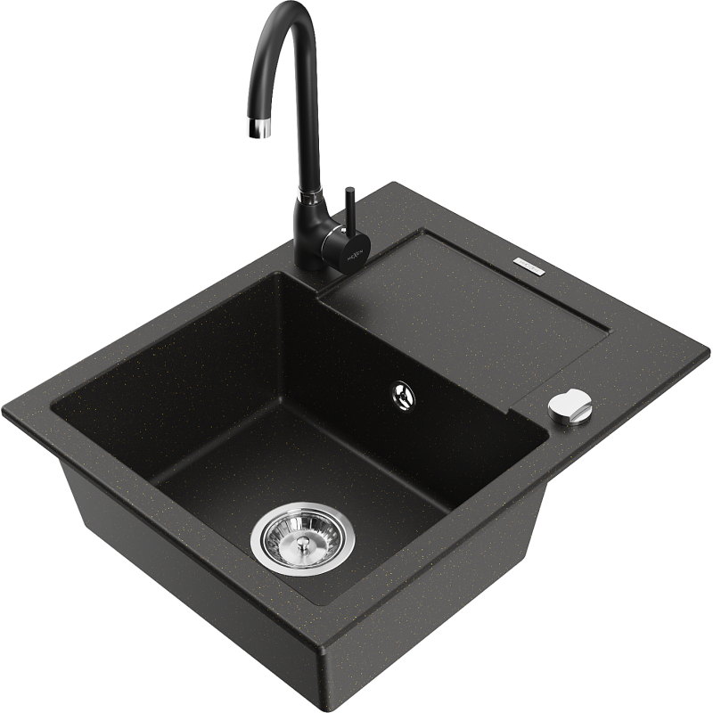 Mexen Enzo lavello da cucina in granito con 1 vasca, gocciolatoio e rubinetto Telma, nero/oro - 6506-75-670200-70