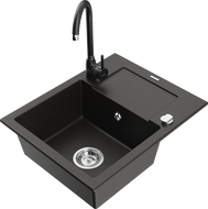 Mexen Enzo granite kitchen sink one-bowl with drainer and Telma kitchen tap, black/gold - 6506-75-670200-70