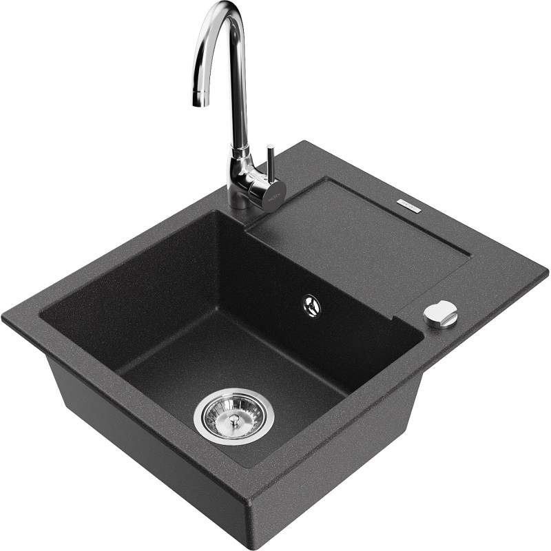 Mexen Enzo Granite Kitchen Sink 1-Bowl with Drainer and Telma Kitchen Faucet, Black Speckled - 6506-76-670200-00
