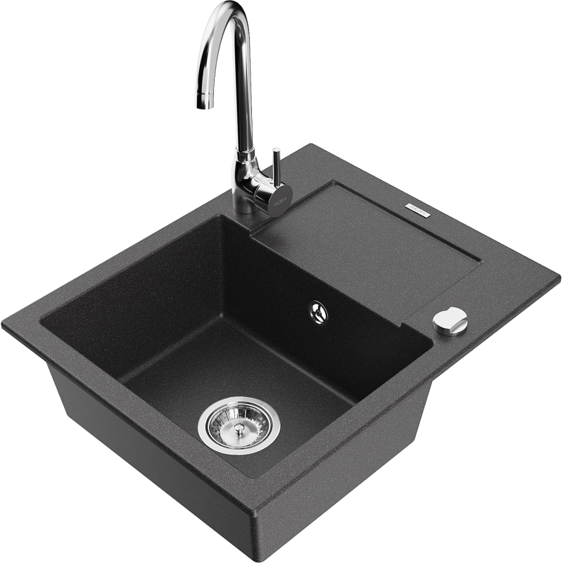 Mexen Enzo lavello in granito a 1 vasca con scolapiatti e rubinetto da cucina Telma, nero maculato - 6506-76-670200-00