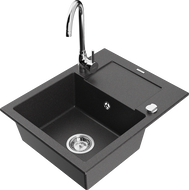 Mexen Enzo granite sink 1-bowl with drainer and Telma kitchen tap, black speckled - 6506-76-670200-00