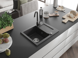 Mexen Enzo granite kitchen sink 1-bowl with drainer and Telma kitchen faucet, black speckled - 6506-76-670200-76