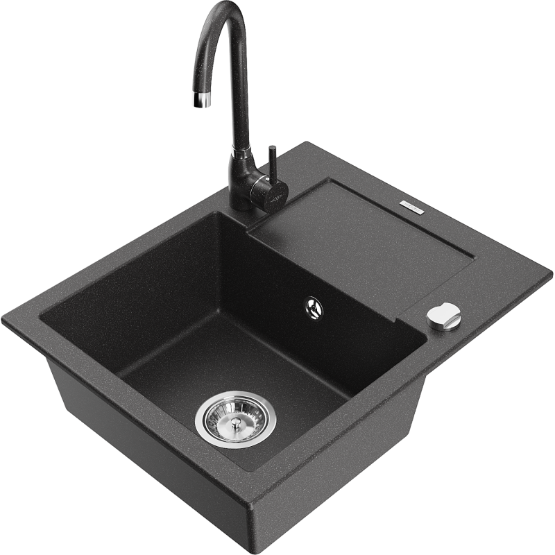 Mexen Enzo fregadero de granito de 1 seno con escurridor y grifo de cocina Telma, negro moteado - 6506-76-670200-76