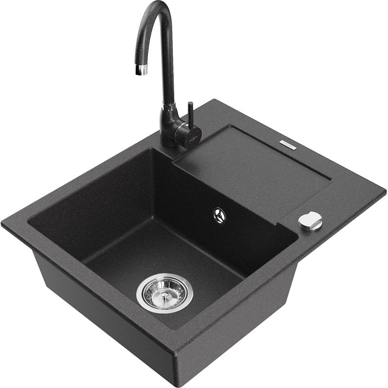 Mexen Enzo lava-loiça de granito 1-cuba com escorredor e torneira de cozinha Telma, preto salpicado - 6506-76-670200-76
