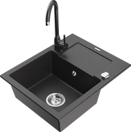Mexen Enzo granite sink 1-bowl with drainer and Telma kitchen tap, black speckled - 6506-76-670200-76