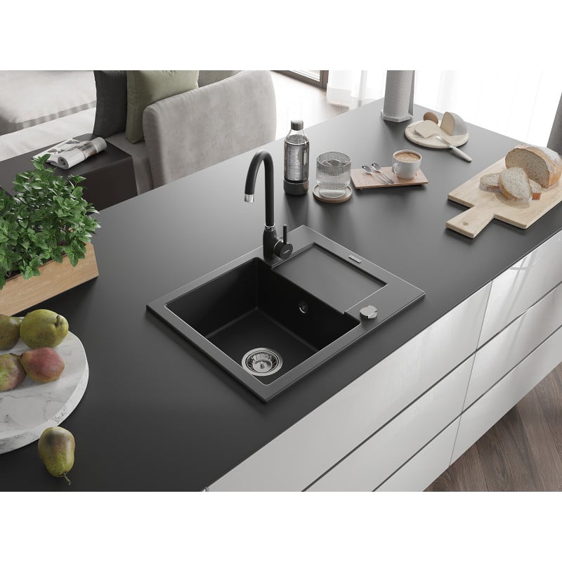 Mexen Enzo fregadero de granito de 1 seno con escurridor y grifo de cocina Telma, negro - 6506-77-670200-70