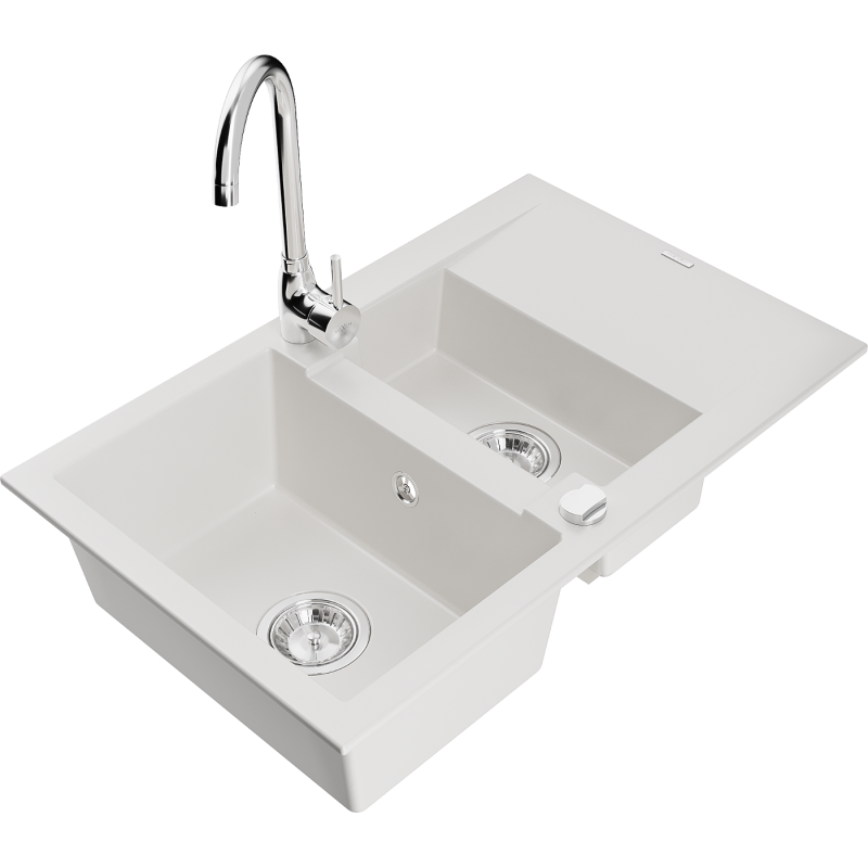 Mexen Gaspar lava-louça de granito 1,5-cubas com escorredor e torneira de cozinha Telma, branco - 6507-20-670200-00