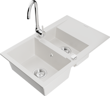 Mexen Gaspar fregadero de granito de 1,5 senos con escurridor y grifo de cocina Telma, blanco - 6507-20-670200-00
