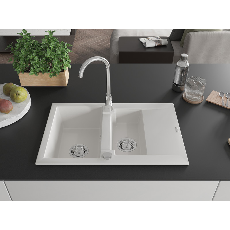 Mexen Gaspar fregadero de granito de 1,5 cubetas con escurridor y grifo de cocina Telma, blanco - 6507-20-670200-00