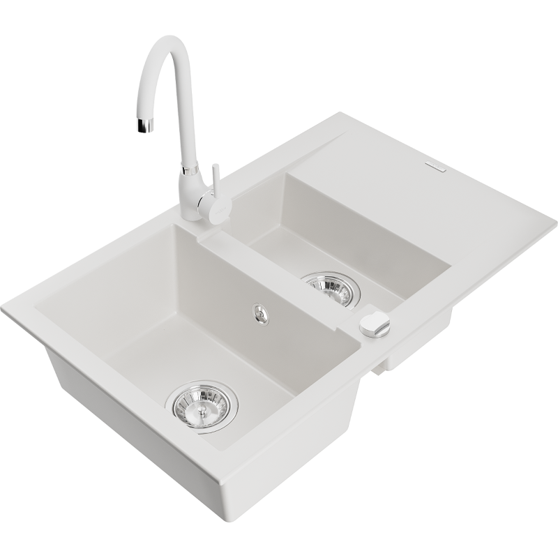 Mexen Gaspar fregadero de granito de 1,5 senos con escurridor y grifo de cocina Telma, blanco - 6507-20-670200-20