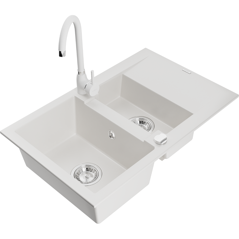 Mexen Gaspar lava-louça de granito 1,5-bacia com escorredor e torneira de cozinha Telma, branco - 6507-20-670200-20