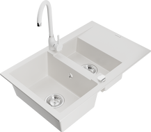 Mexen Gaspar fregadero de granito de 1,5 senos con escurridor y grifo de cocina Telma, blanco - 6507-20-670200-20