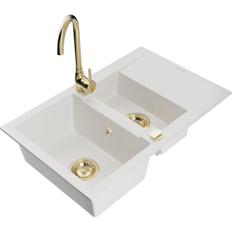 Mexen Gaspar granite sink 1.5-bowl with drainer and Telma kitchen faucet, white - 6507-20-670200-50