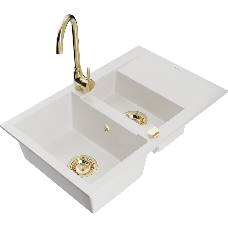 Mexen Gaspar granite sink 1.5-bowl with drainer and Telma kitchen tap, white - 6507-20-670200-50