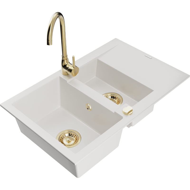 Mexen Gaspar lavello da cucina in granito 1,5 vasche con sgocciolatoio e rubinetto da cucina Telma, bianco - 6507-20-670200-50