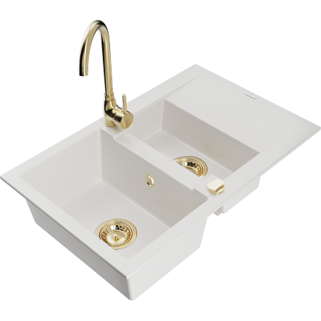 Mexen Gaspar granite sink 1.5-bowl with drainer and Telma kitchen tap, white - 6507-20-670200-50
