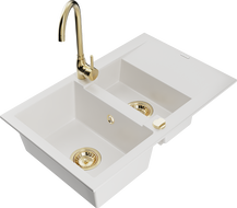 Mexen Gaspar fregadero de granito de 1,5 senos con escurridor y grifo de cocina Telma, blanco - 6507-20-670200-50