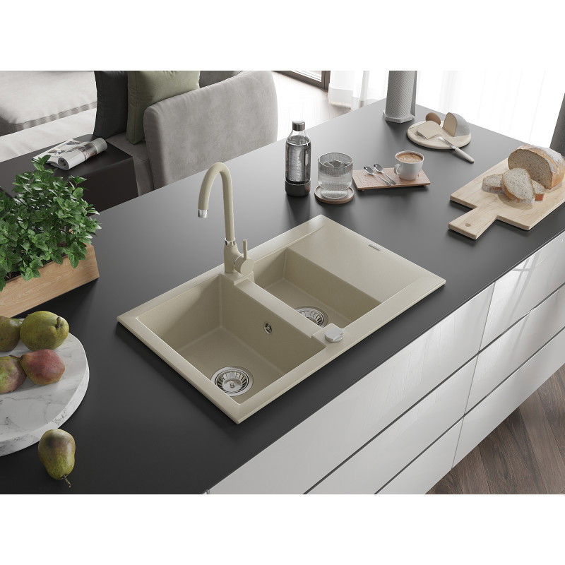 Mexen Gaspar fregadero de granito de 1,5 senos con escurridor y grifo de cocina Telma, beige - 6507-69-670200-69