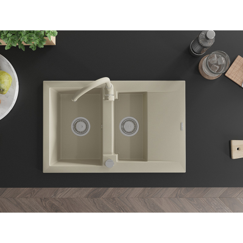 Mexen Gaspar fregadero de granito de 1,5 senos con escurridor y grifo de cocina Telma, beige - 6507-69-670200-69