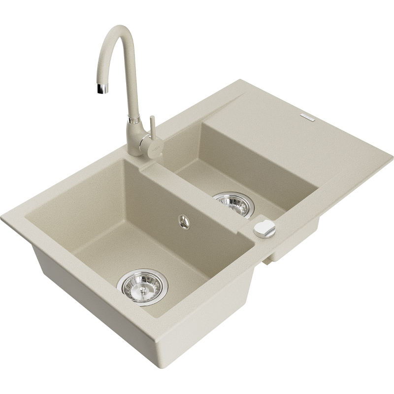 Mexen Gaspar Granitspüle 1,5-beckig mit Abtropffläche und Küchenarmatur Telma, beige - 6507-69-670200-69