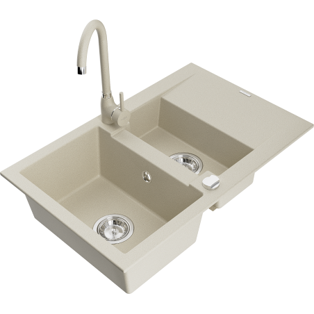 Mexen Gaspar granitstenen gootsteen 1,5-kamers met afdruiprek en keukenmengkraan Telma, beige - 6507-69-670200-69