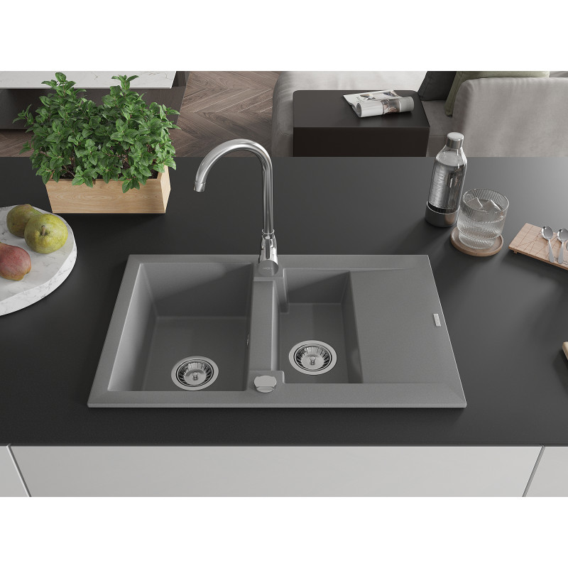Mexen Gaspar granitspüle 1,5-becken mit abtropffläche und küchenarmatur Telma, grau - 6507-71-670200-00