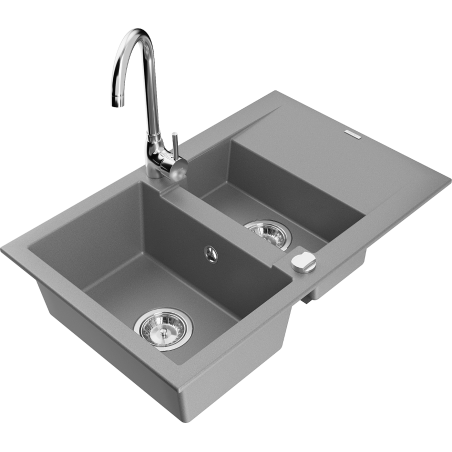 Mexen Gaspar granite sink 1.5-bowl with drainer and Telma kitchen faucet, gray - 6507-71-670200-00