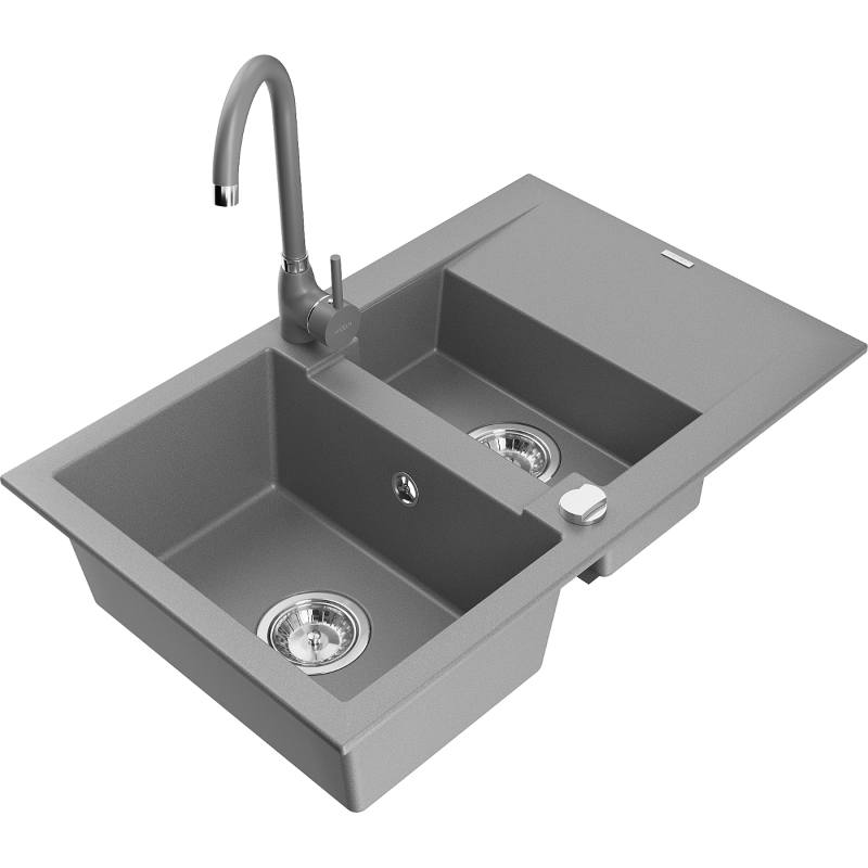 Mexen Gaspar fregadero de granito de 1,5 senos con escurridor y grifo de cocina Telma, gris - 6507-71-670200-71