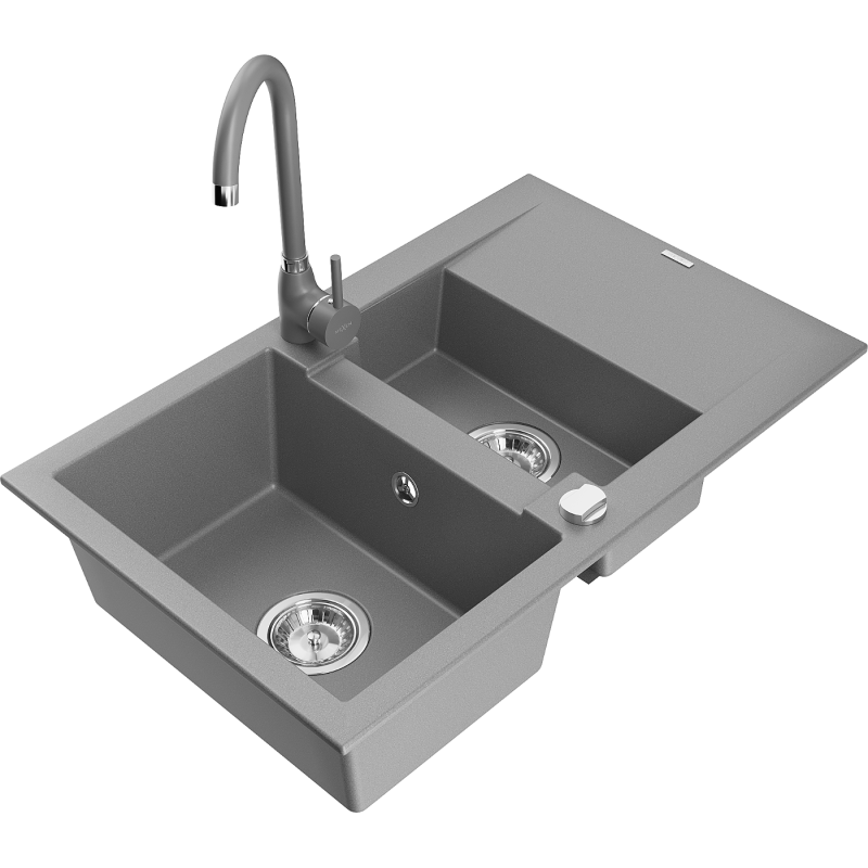 Mexen Gaspar granieten spoelbak met 1,5 kamers, afdruiprek en Telma keukenkraan, grijs - 6507-71-670200-71