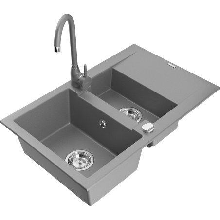 Mexen Gaspar granite sink 1.5-bowl with drainer and Telma kitchen tap, grey - 6507-71-670200-71