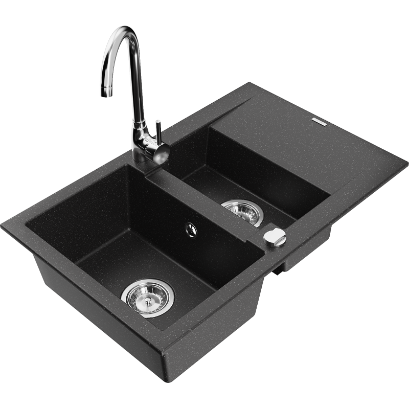 Mexen Gaspar 1.5-bowl granite kitchen sink with drainer and Telma kitchen tap, black/silver - 6507-73-670200-00