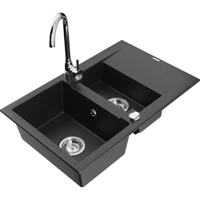 Mexen Gaspar Granitspüle 1,5-Kammern mit Abtropffläche und Küchenarmatur Telma, schwarz/silber - 6507-73-670200-00
