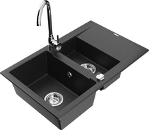 Mexen Gaspar 1.5-bowl granite kitchen sink with drainer and Telma kitchen tap, black/silver - 6507-73-670200-00