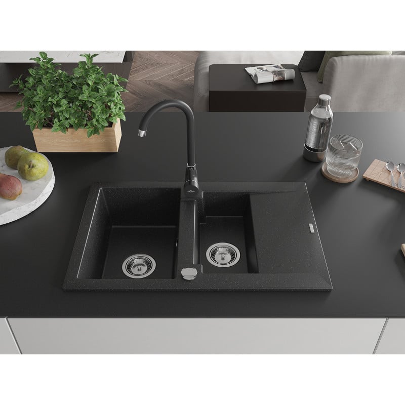 Mexen Gaspar granite sink 1.5-bowl with drainer and Telma kitchen tap, black/silver - 6507-73-670200-70
