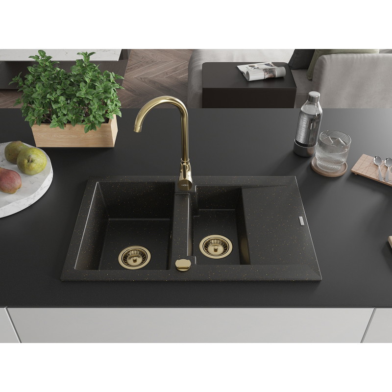 Mexen Gaspar lavello in granito a 1,5 vasche con scolapiatti e rubinetto da cucina Telma, nero/oro - 6507-75-670200-50