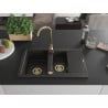 Mexen Gaspar granitische spoelbak 1,5-komorige met afdruiprek en keukenkraan Telma, zwart/goud - 6507-75-670200-50