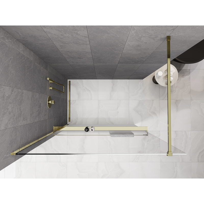 Mexen Kioto+ ścianka prysznicowa z półką Walk-in 90 x 200 cm, ombre biała 8 mm, złota - 800-090-121-50-86